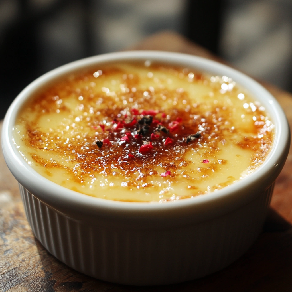 Golden caramelized top of a vanilla crème brûlée, a classic French dessert with berries and mint garnish.1