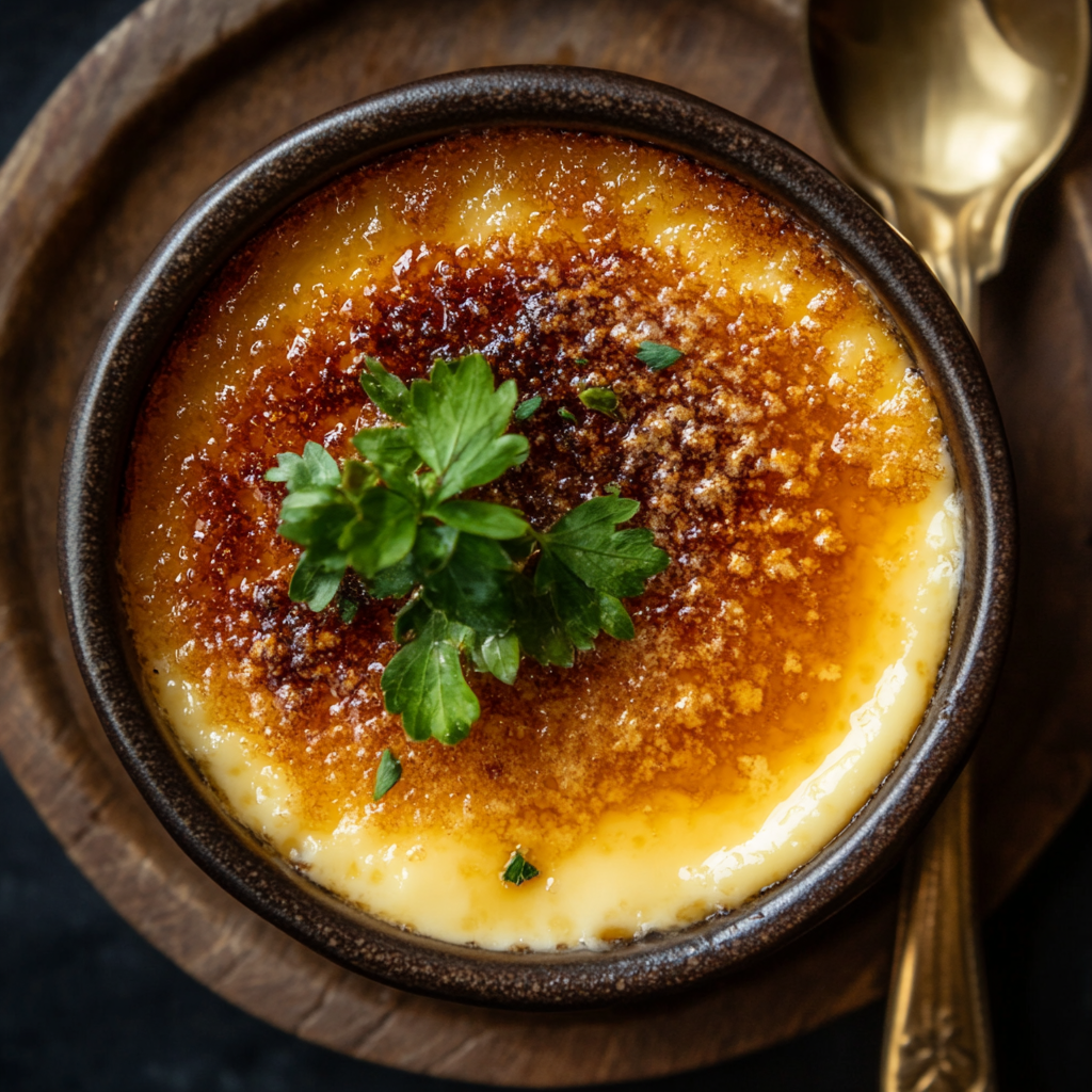 Golden caramelized top of a vanilla crème brûlée, a classic French dessert with berries and mint garnish.3