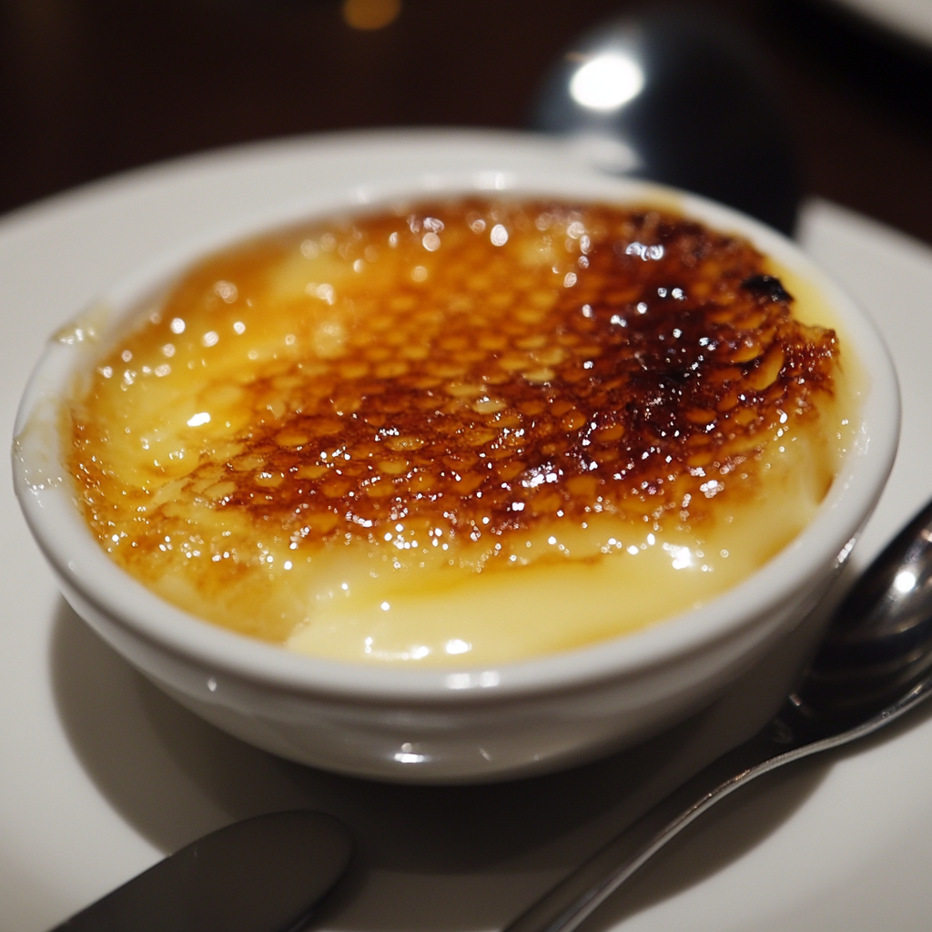 Golden caramelized top of a vanilla crème brûlée, a classic French dessert with berries and mint garnish.4