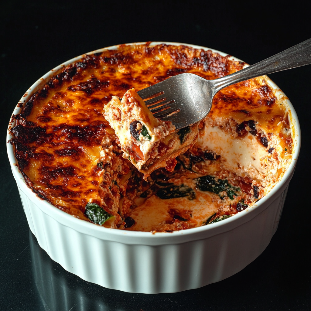 Freshly baked veg lasagna comfort food with layers of vegetables, tomato sauce, and melted cheese in a rustic baking dish.2