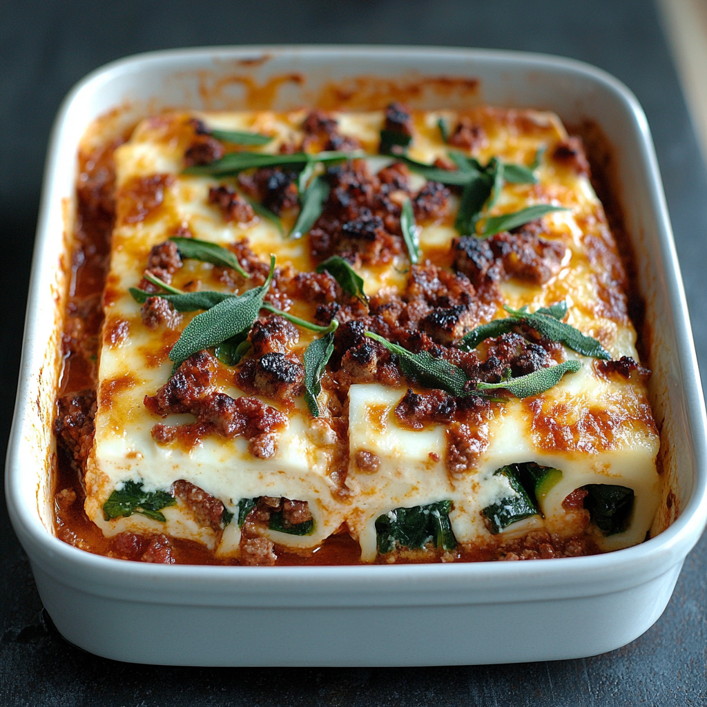 Freshly baked veg lasagna comfort food with layers of vegetables, tomato sauce, and melted cheese in a rustic baking dish.3