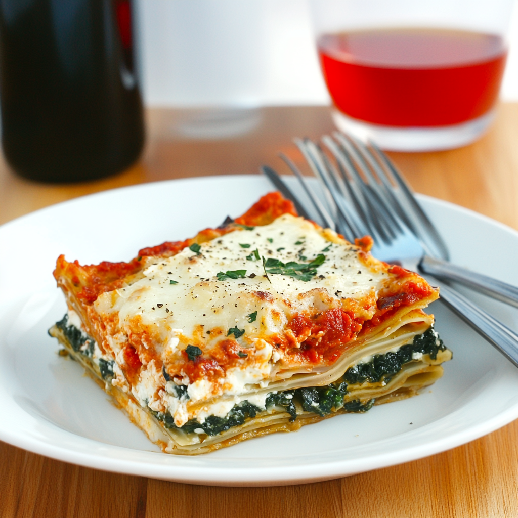 Freshly baked veg lasagna comfort food with layers of vegetables, tomato sauce, and melted cheese in a rustic baking dish.4