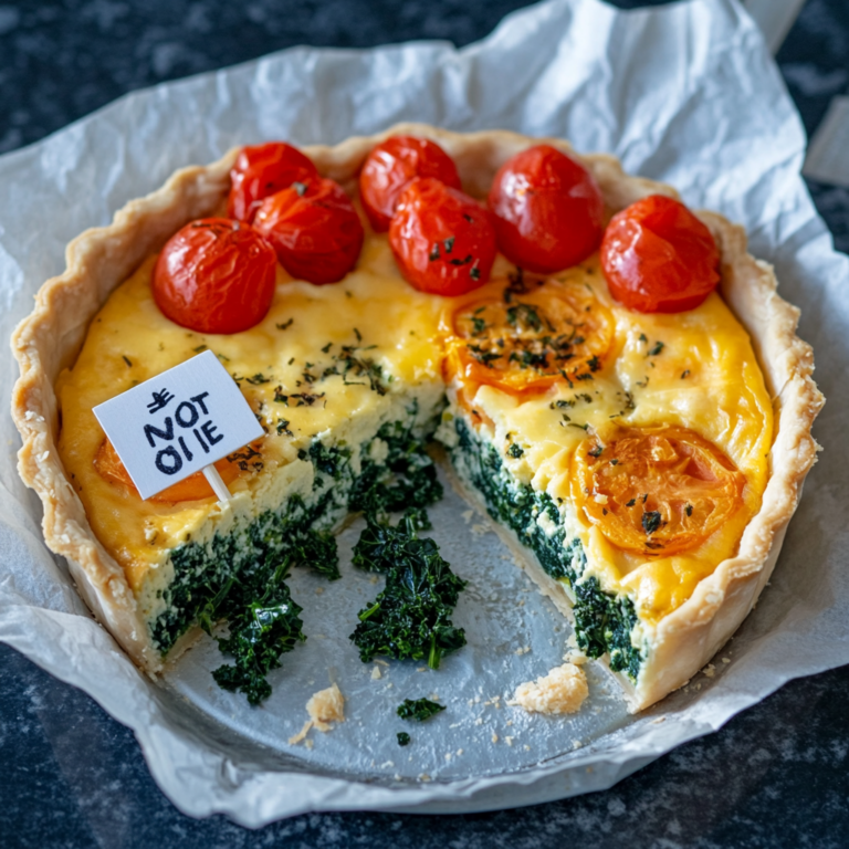 Sliced vegan kale quiche with golden crust and vibrant green kale, a healthy plant-based and dairy-free meal option.1