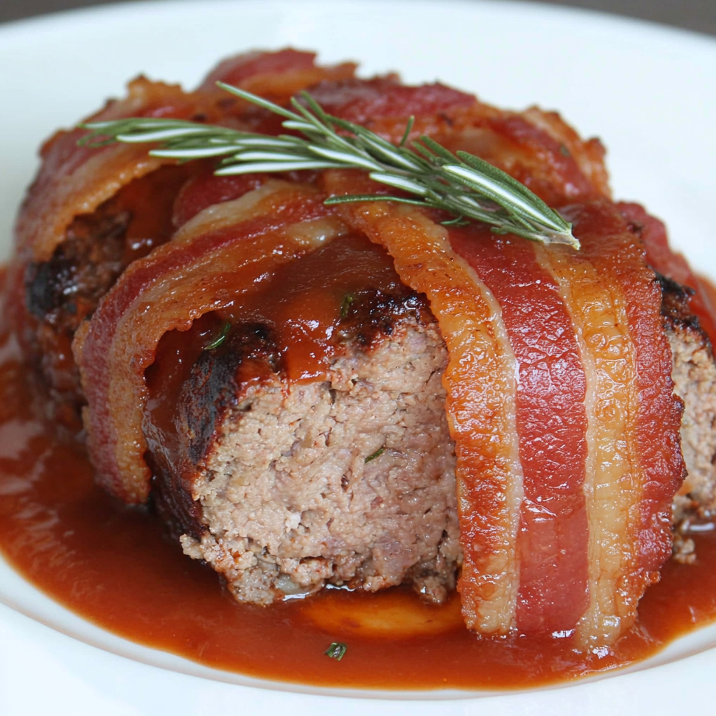 Juicy bacon-wrapped meatloaf sliced to reveal its tender, flavorful interior, served on a wooden board with crispy bacon on top.2