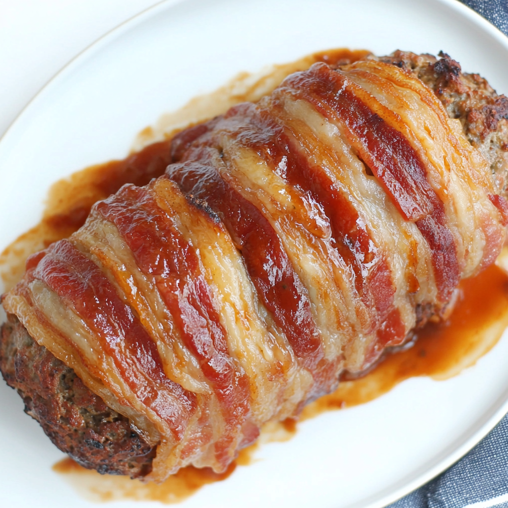 Juicy bacon-wrapped meatloaf sliced to reveal its tender, flavorful interior, served on a wooden board with crispy bacon on top.3