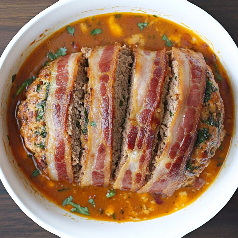Juicy bacon-wrapped meatloaf sliced to reveal its tender, flavorful interior, served on a wooden board with crispy bacon on top.1
