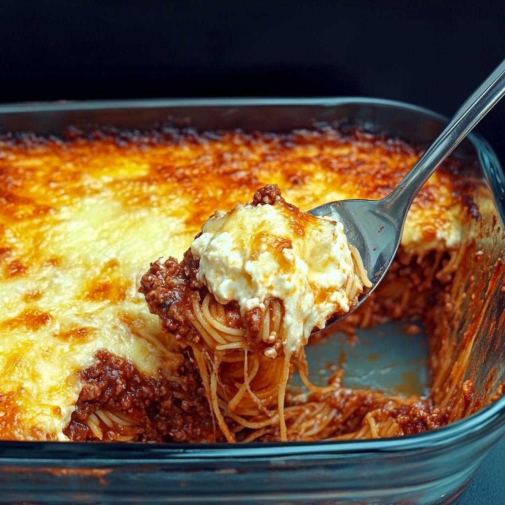 Delicious baked spaghetti casserole with melted cheese, served in a white dish, perfect for a comforting family dinner.5