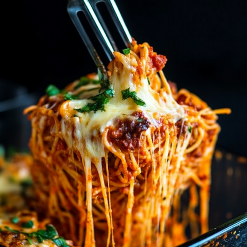 Delicious baked spaghetti casserole with melted cheese, served in a white dish, perfect for a comforting family dinner.2
