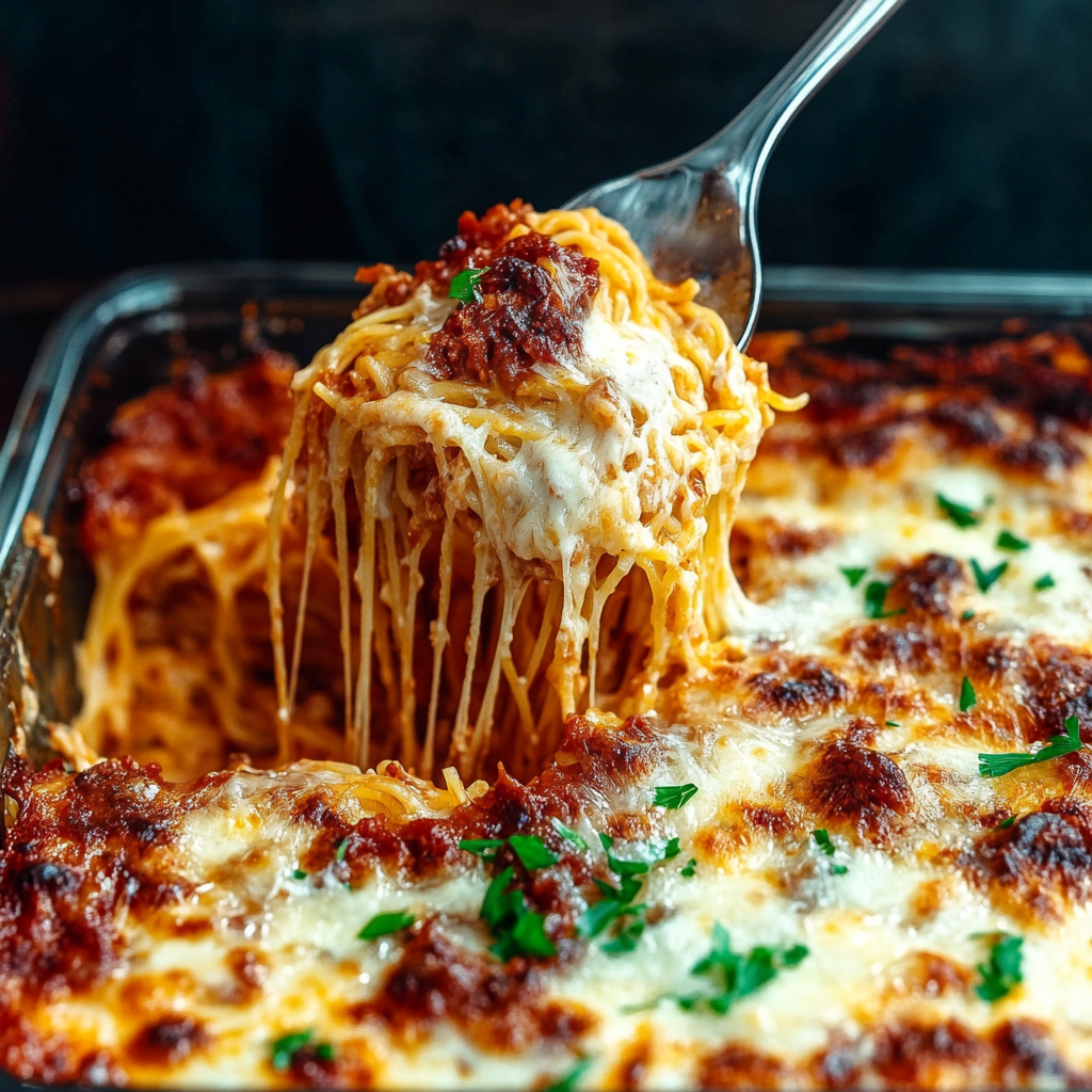 Delicious baked spaghetti casserole with melted cheese, served in a white dish, perfect for a comforting family dinner.1