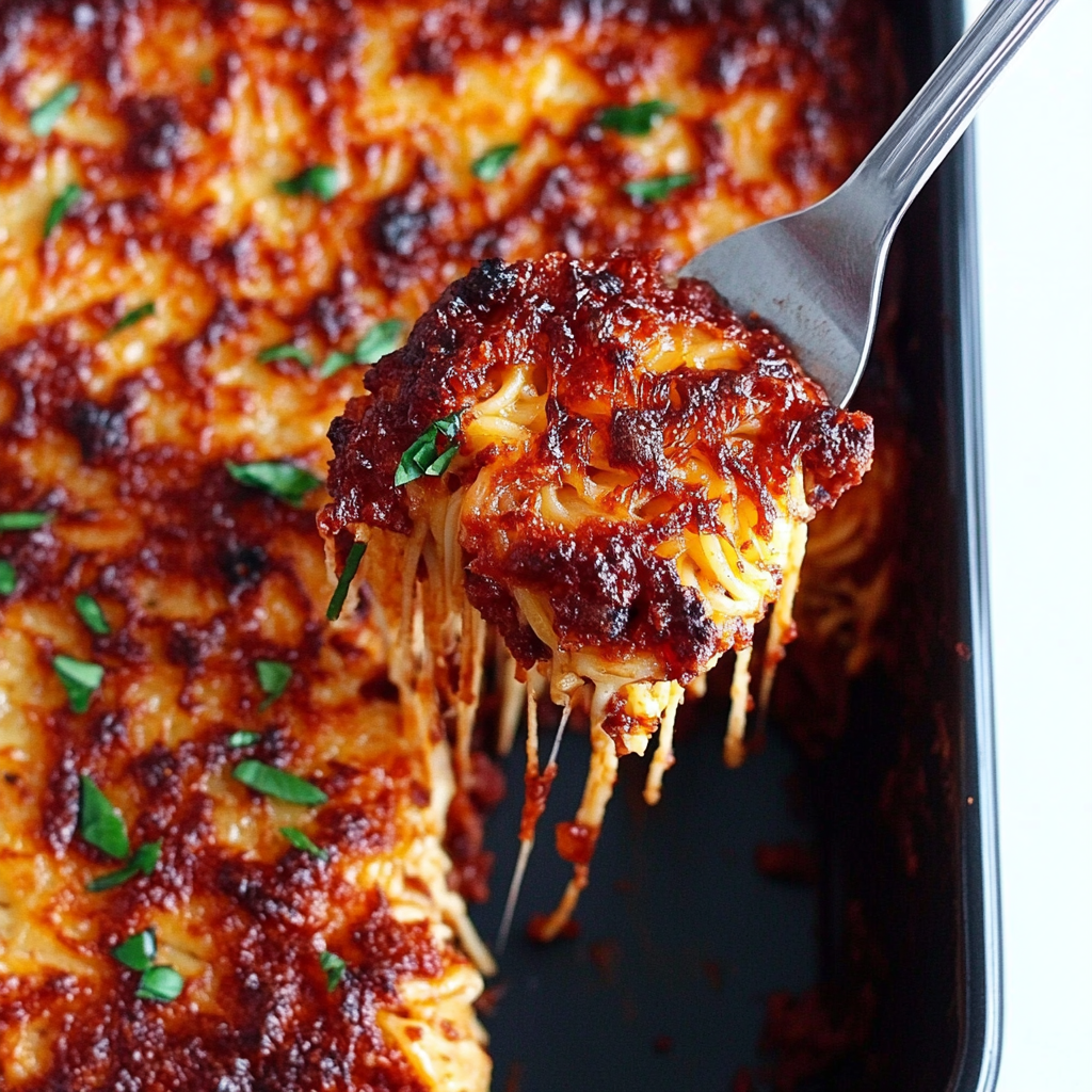 Delicious baked spaghetti casserole with melted cheese, served in a white dish, perfect for a comforting family dinner.3