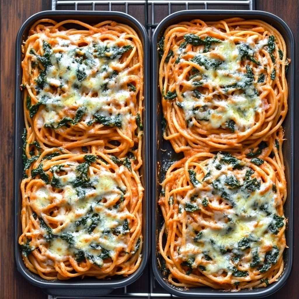 Delicious baked vegetarian spaghetti with melted cheese, fresh basil, and a rich tomato sauce in a casserole dish.3