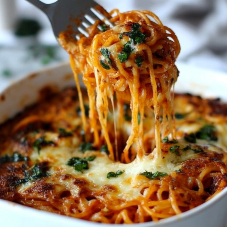 Delicious baked vegetarian spaghetti with melted cheese, fresh basil, and a rich tomato sauce in a casserole dish.1