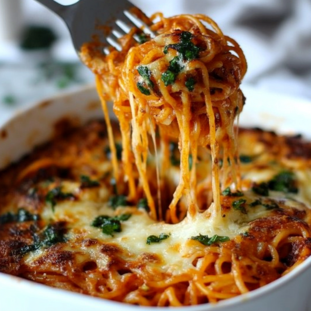 Delicious baked vegetarian spaghetti with melted cheese, fresh basil, and a rich tomato sauce in a casserole dish.1