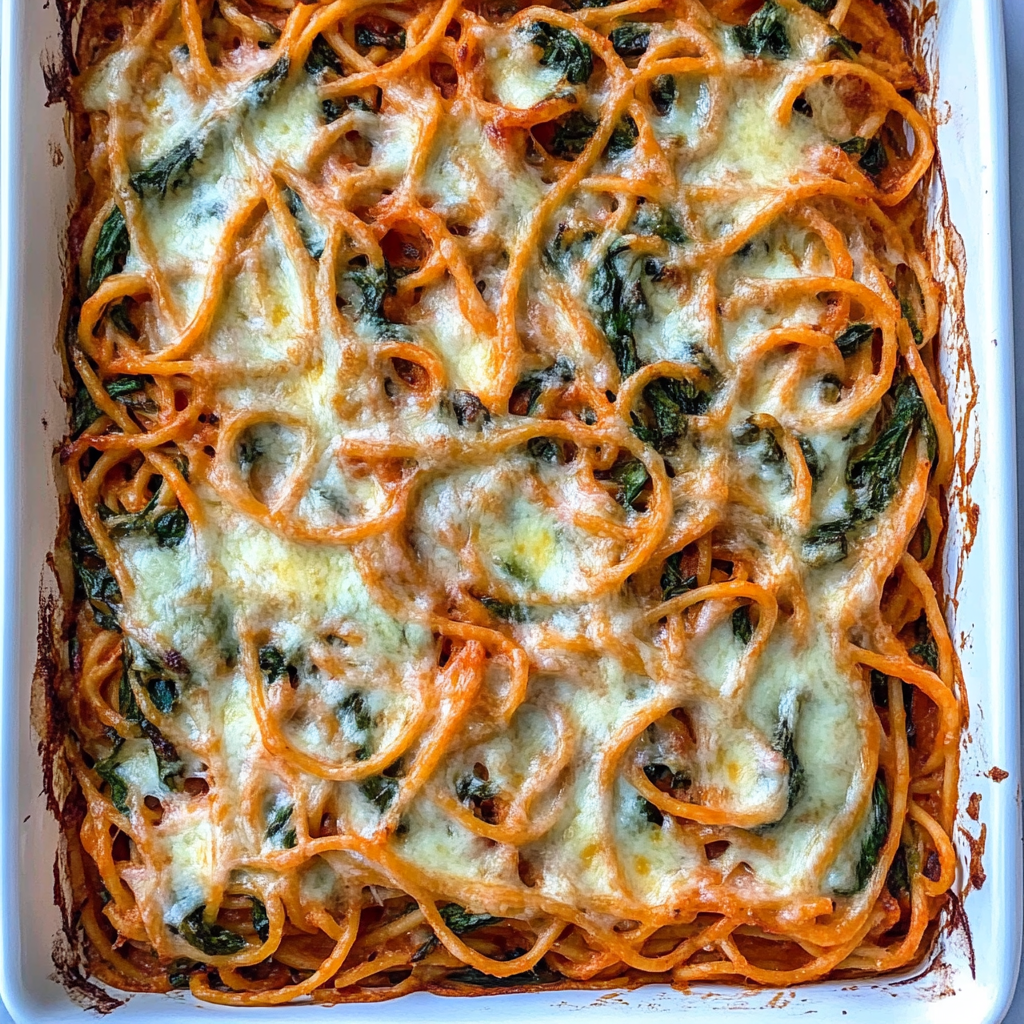 Delicious baked vegetarian spaghetti with melted cheese, fresh basil, and a rich tomato sauce in a casserole dish.4