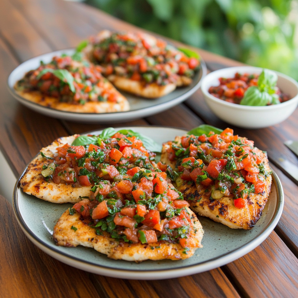 Bruschetta Chicken recipe with grilled chicken breast topped with fresh tomato, basil, and balsamic glaze on a white plate.3