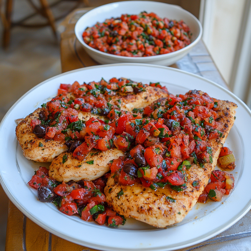 Bruschetta Chicken recipe with grilled chicken breast topped with fresh tomato, basil, and balsamic glaze on a white plate.2