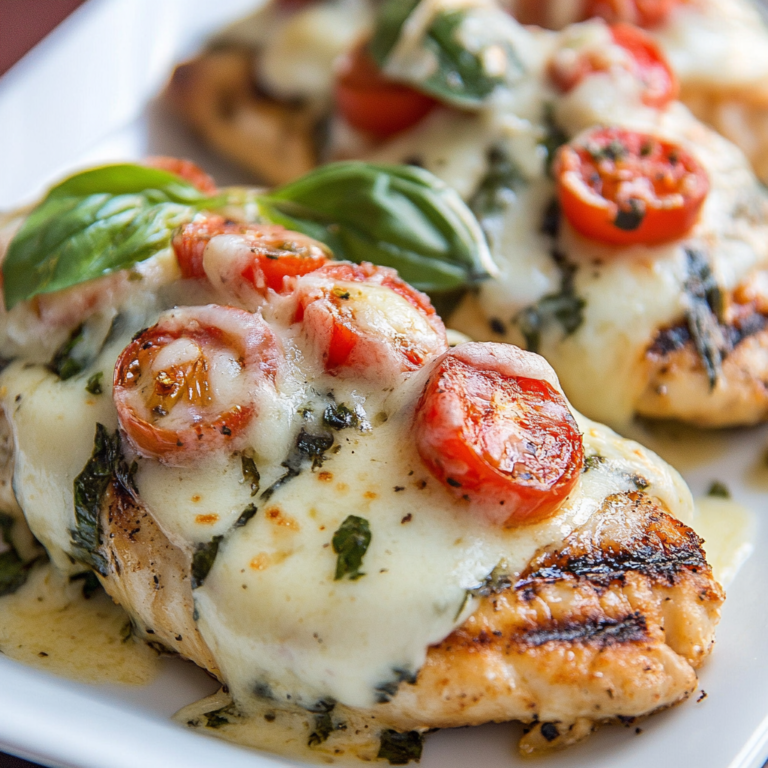 Bruschetta Chicken recipe with grilled chicken breast topped with fresh tomato, basil, and balsamic glaze on a white plate.1