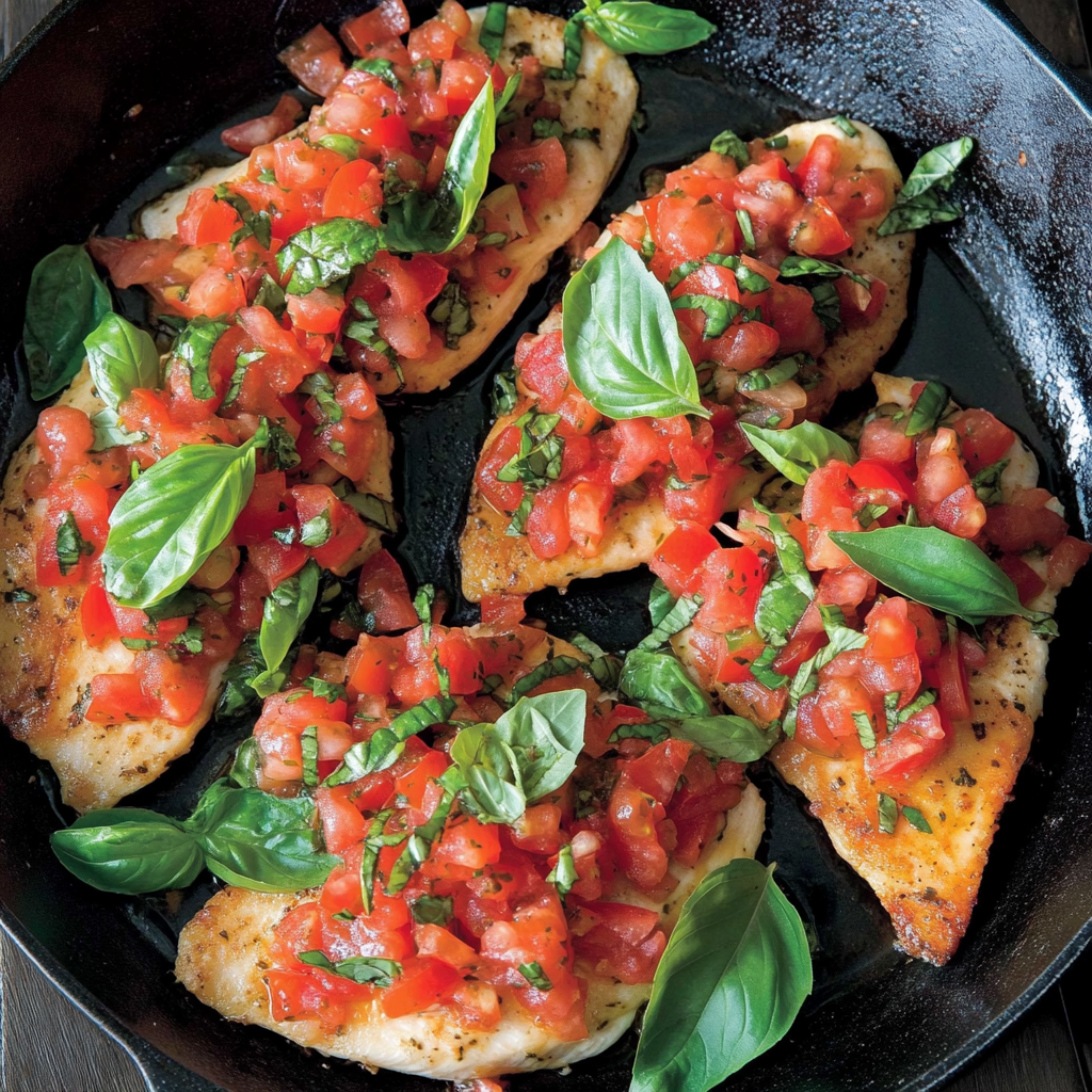 Bruschetta Chicken recipe with grilled chicken breast topped with fresh tomato, basil, and balsamic glaze on a white plate.4