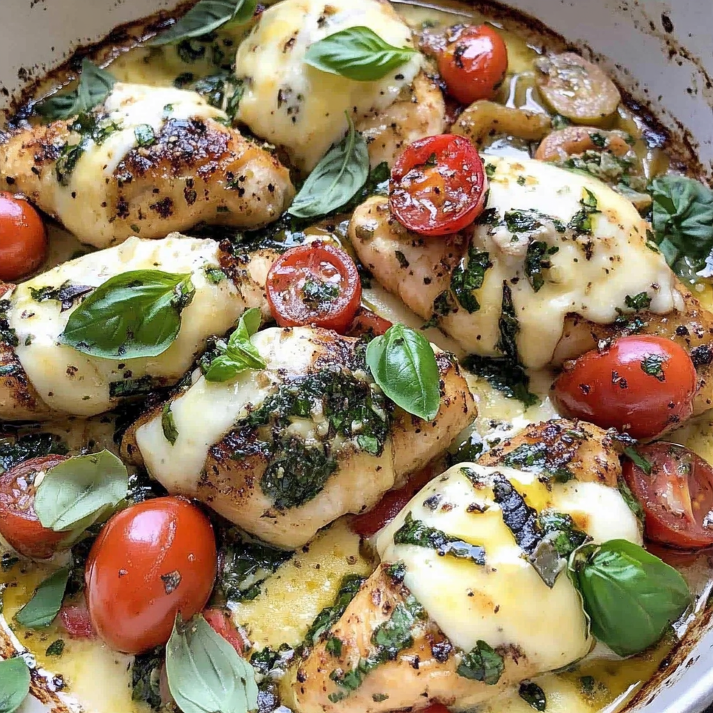 Bruschetta Chicken Bake with melted cheese, tomatoes, and fresh basil served in a white casserole dish3