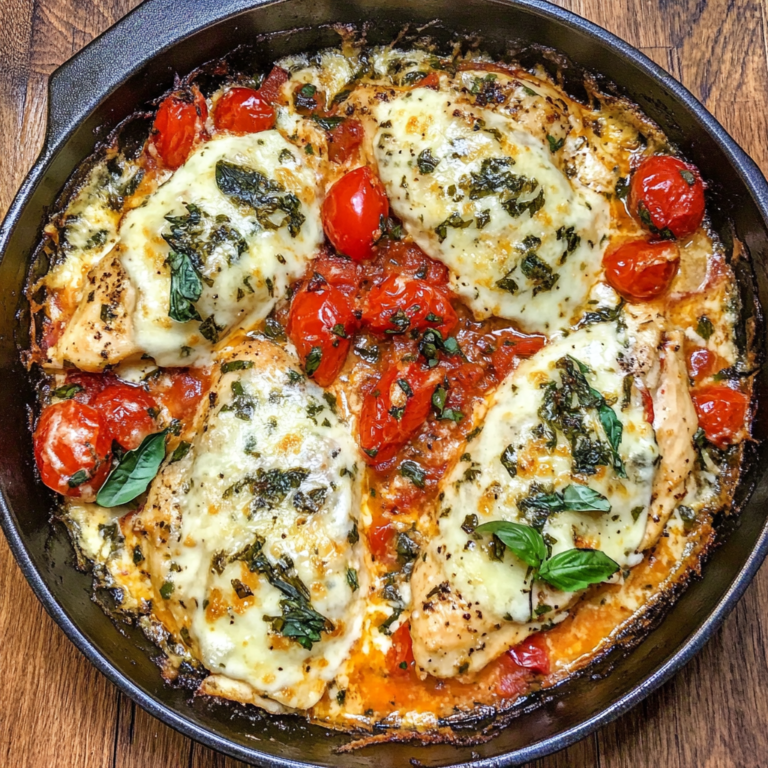 Bruschetta Chicken Bake with melted cheese, tomatoes, and fresh basil served in a white casserole dish1