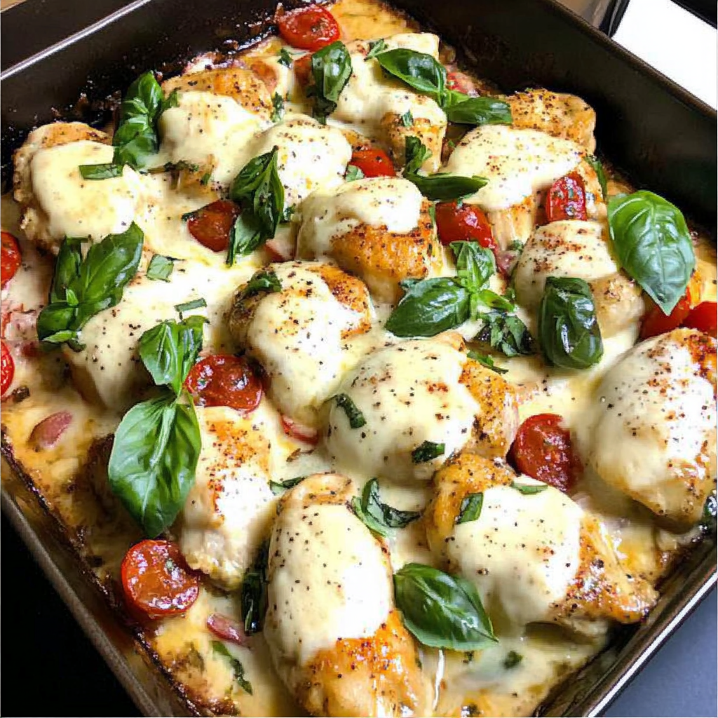 Bruschetta Chicken Bake with melted cheese, tomatoes, and fresh basil served in a white casserole dish4