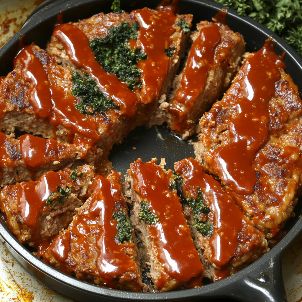 Juicy homemade meatloaf topped with a rich glaze, sliced and served with mashed potatoes and roasted vegetables.3