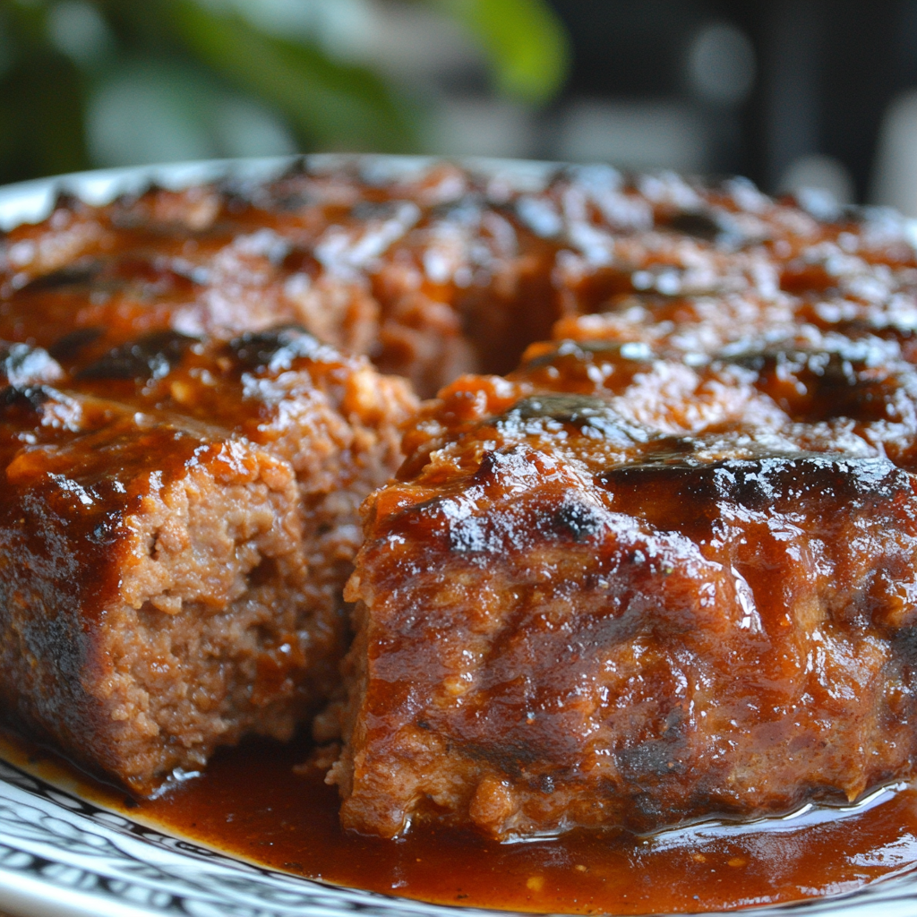 Juicy BBQ meatloaf with a smoky glaze, sliced and served with roasted vegetables and mashed potatoes.3