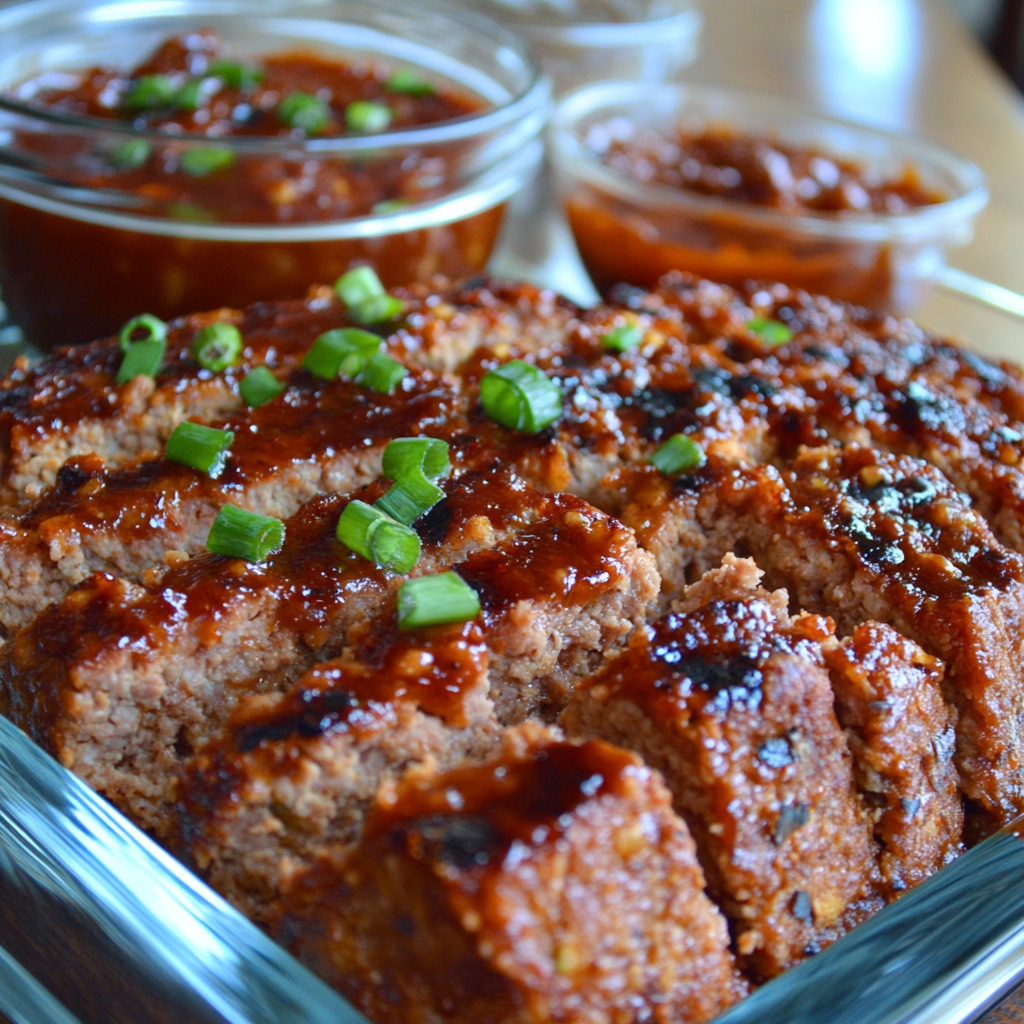 Juicy BBQ meatloaf with a smoky glaze, sliced and served with roasted vegetables and mashed potatoes.2