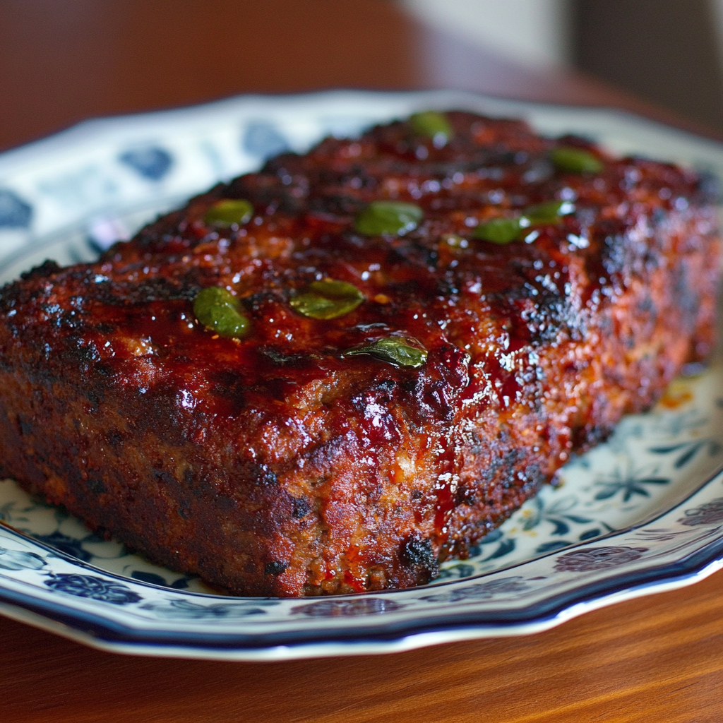 Juicy BBQ meatloaf with a smoky glaze, sliced and served with roasted vegetables and mashed potatoes.4