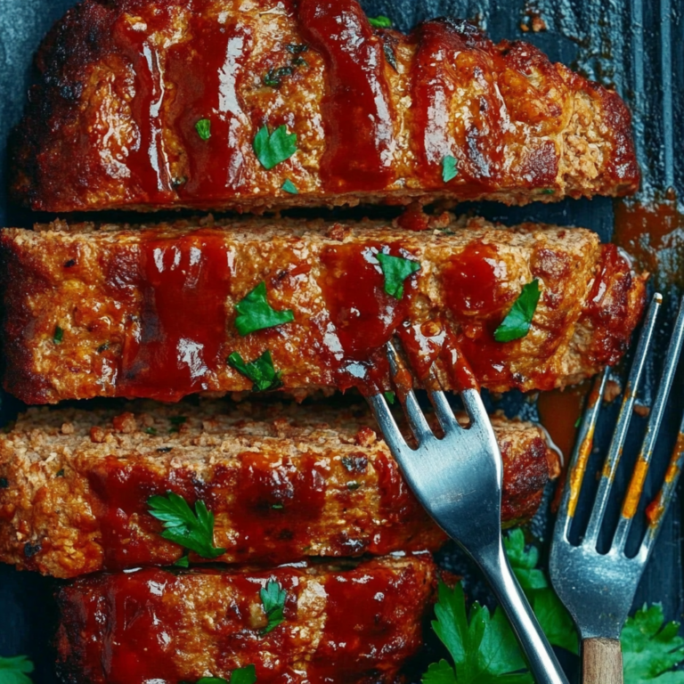 Juicy BBQ meatloaf with a smoky glaze, sliced and served with roasted vegetables and mashed potatoes.1