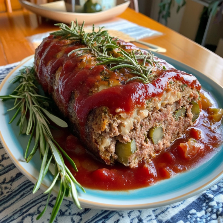 A freshly baked stuffed meatloaf sliced open, revealing a cheesy, flavorful filling with a golden-brown crust, served on a wooden cutting board.1
