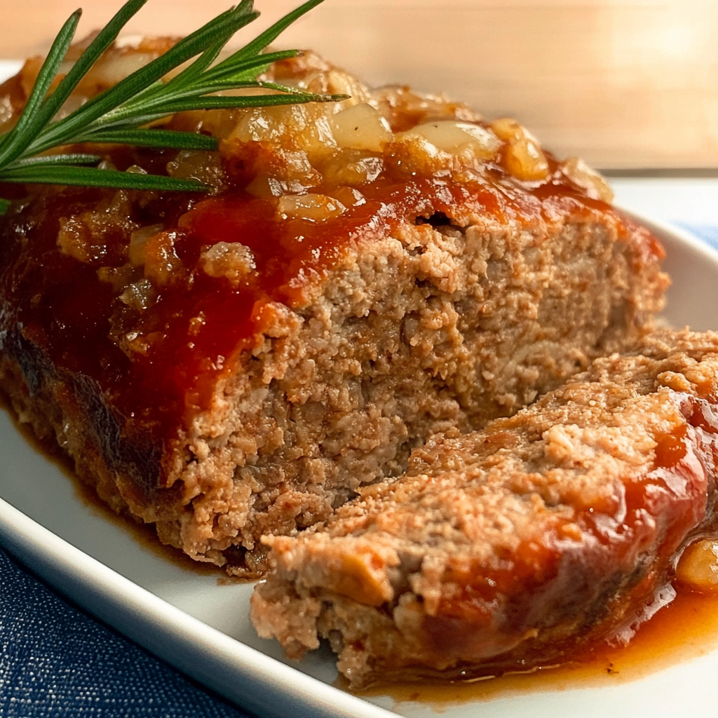 A freshly baked stuffed meatloaf sliced open, revealing a cheesy, flavorful filling with a golden-brown crust, served on a wooden cutting board.3