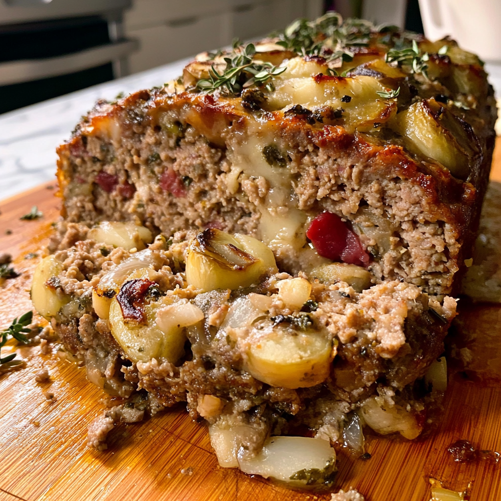 A freshly baked stuffed meatloaf sliced open, revealing a cheesy, flavorful filling with a golden-brown crust, served on a wooden cutting board.4