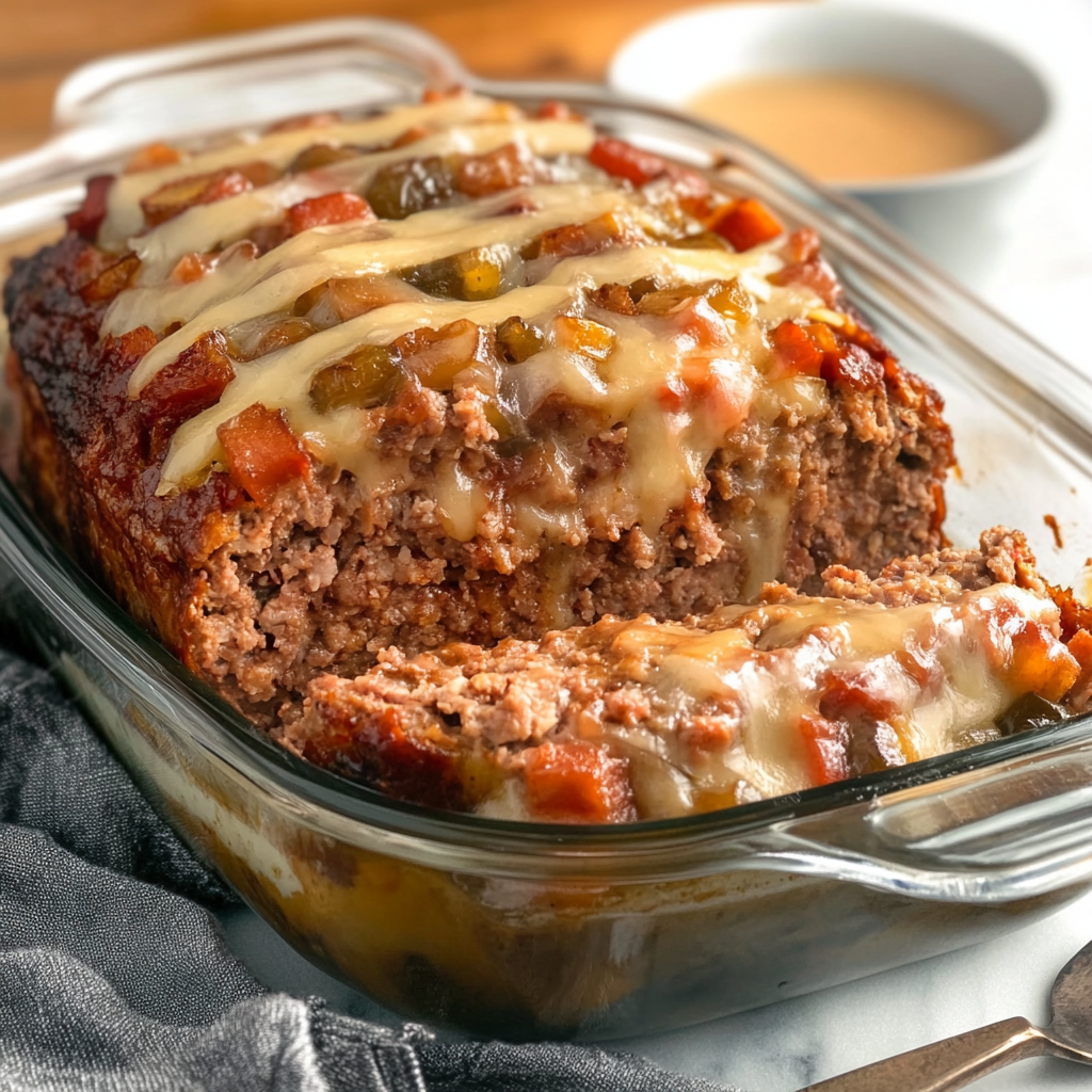 A freshly baked stuffed meatloaf sliced open, revealing a cheesy, flavorful filling with a golden-brown crust, served on a wooden cutting board.2