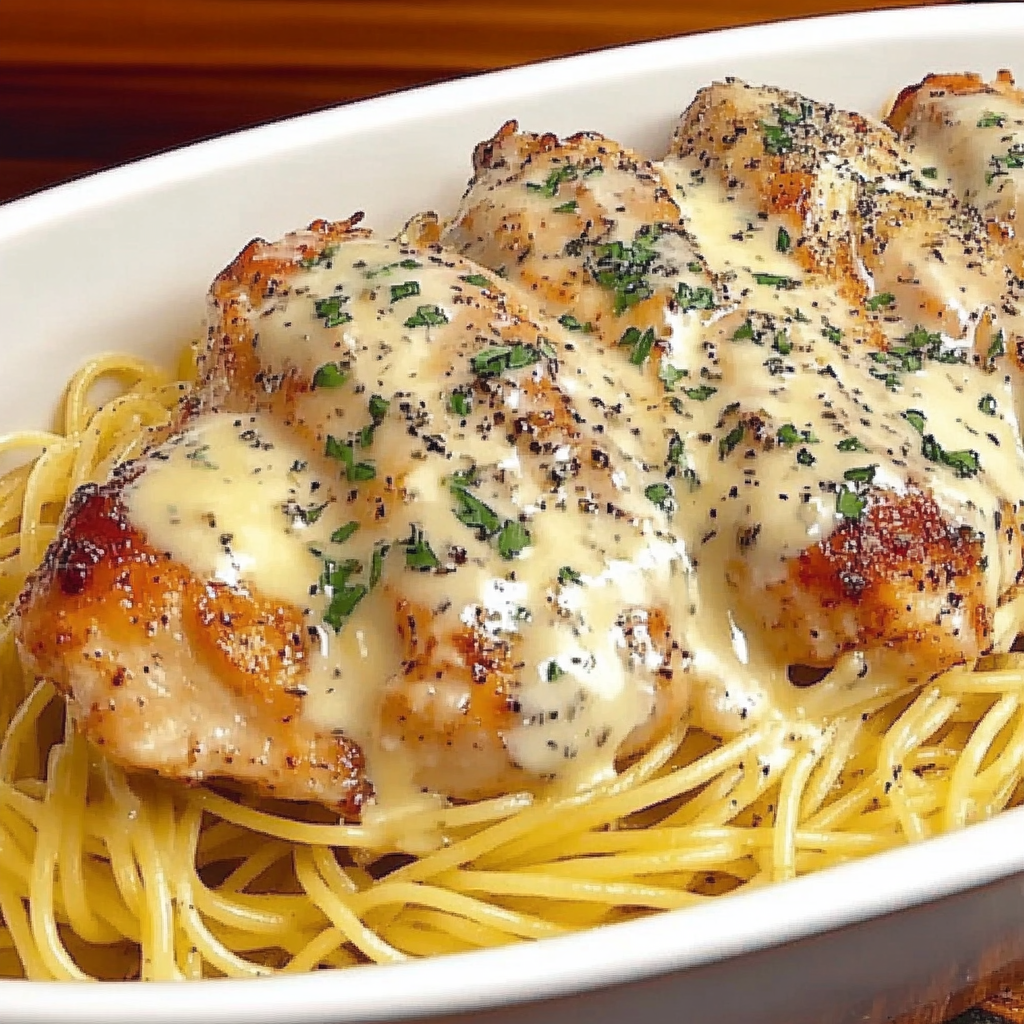 Delicious baked chicken and spaghetti casserole with melted cheese on top, served in a baking dish.2