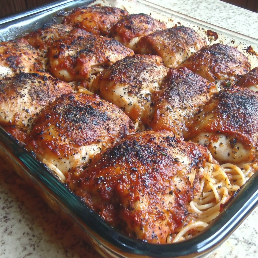 Delicious baked chicken and spaghetti casserole with melted cheese on top, served in a baking dish.5