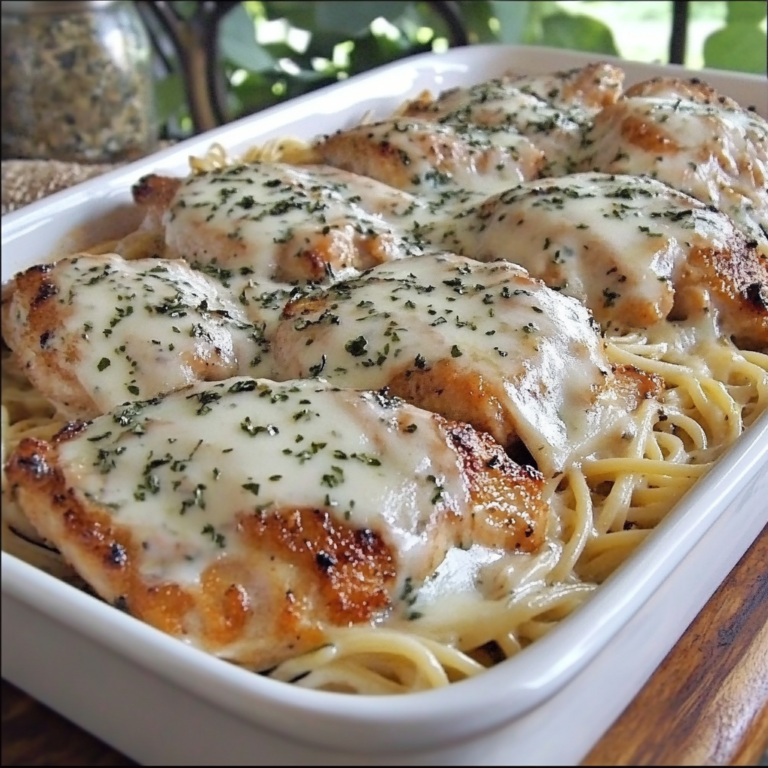 Delicious baked chicken and spaghetti casserole with melted cheese on top, served in a baking dish.1