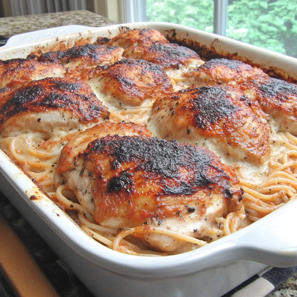 Delicious baked chicken and spaghetti casserole with melted cheese on top, served in a baking dish.3