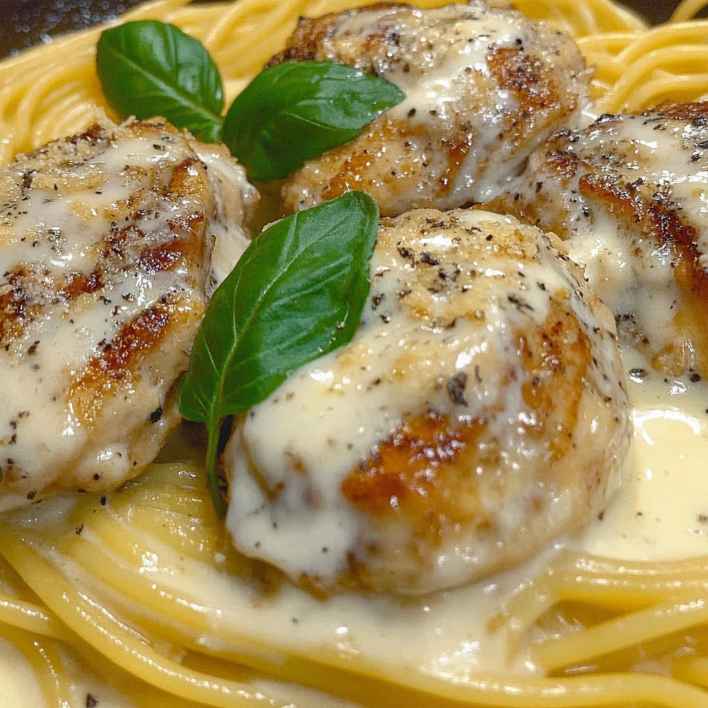 Delicious baked chicken and spaghetti casserole with melted cheese on top, served in a baking dish.4