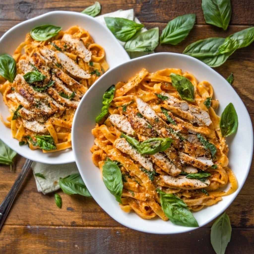 Bruschetta Chicken Pasta with fresh tomatoes, grilled chicken, and basil served over penne – a healthy Italian chicken pasta dish.4