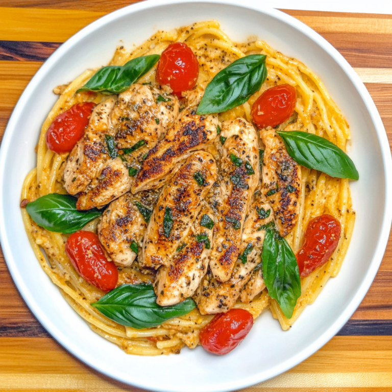 Bruschetta Chicken Pasta with fresh tomatoes, grilled chicken, and basil served over penne – a healthy Italian chicken pasta dish.1