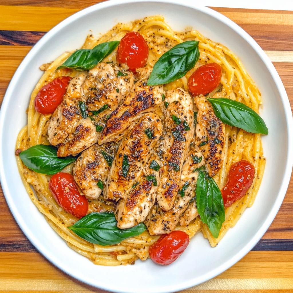 Bruschetta Chicken Pasta with fresh tomatoes, grilled chicken, and basil served over penne – a healthy Italian chicken pasta dish.1