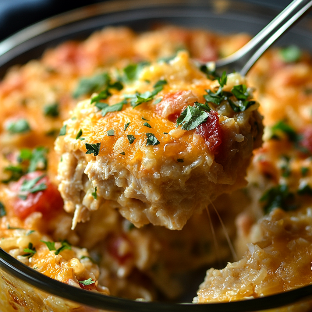 Cheesy Chicken and Rice Casserole fresh out of the oven, topped with golden melted cheese2