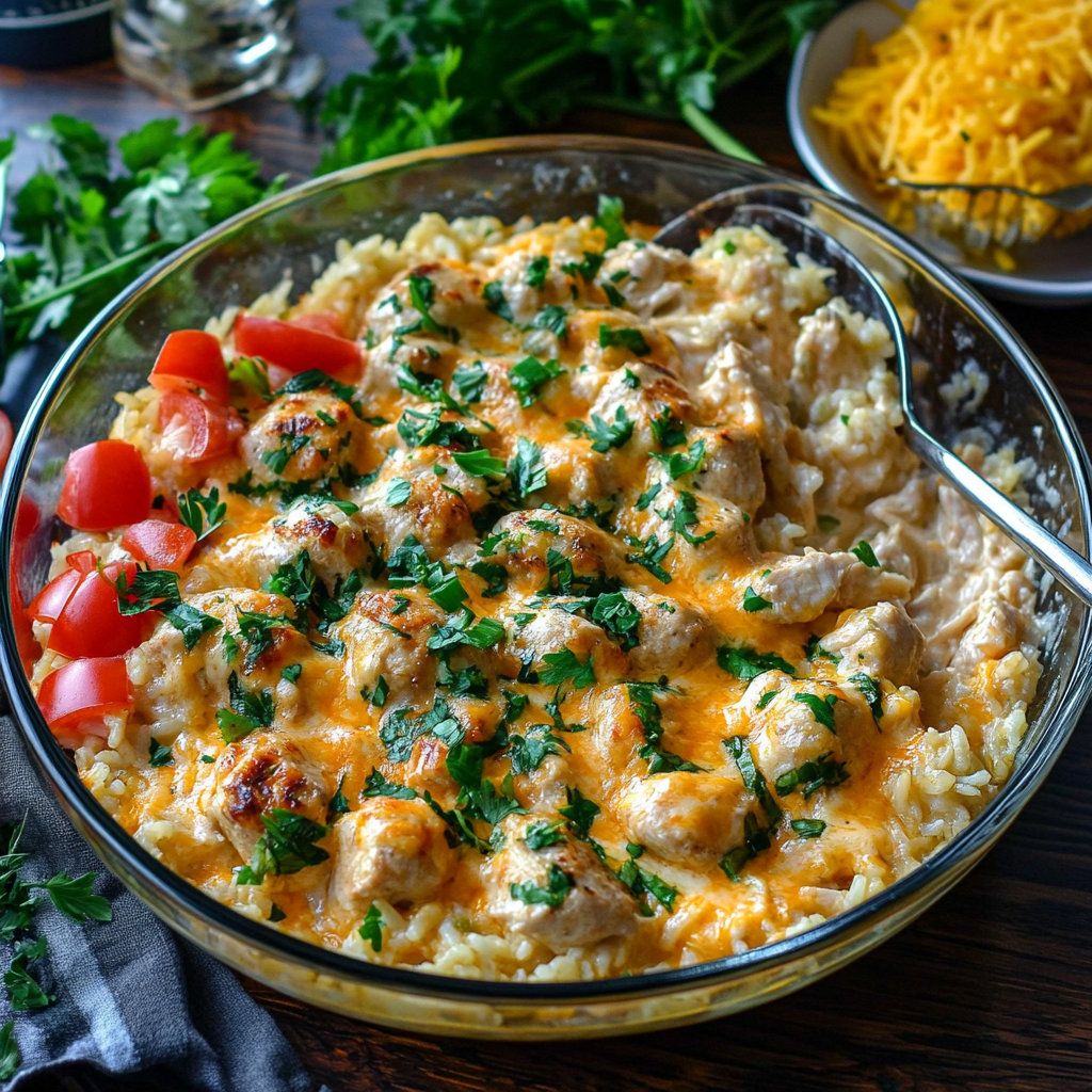 Cheesy Chicken and Rice Casserole fresh out of the oven, topped with golden melted cheese3