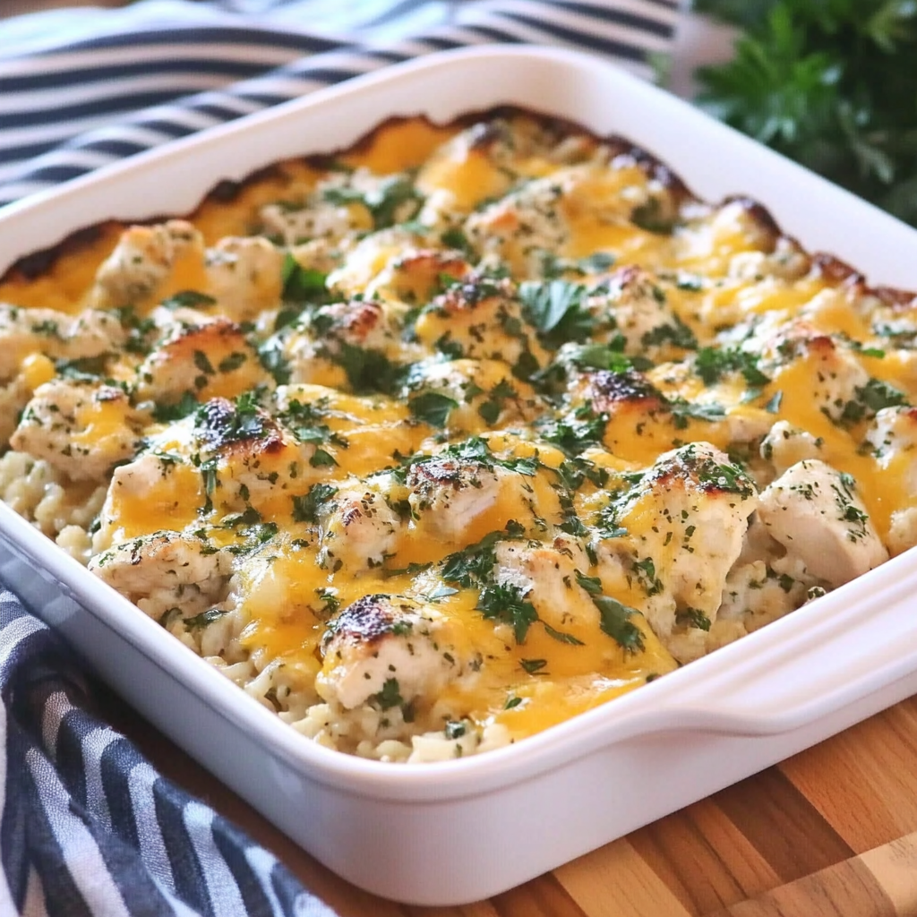 Cheesy Chicken and Rice Casserole fresh out of the oven, topped with golden melted cheese4