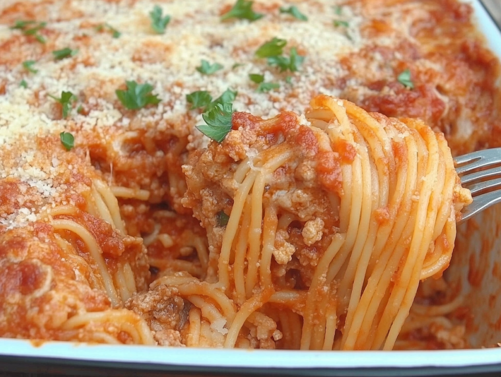 Delicious Crockpot Baked Spaghetti with gooey melted cheese and rich marinara sauce, slow-cooked to perfection for an easy and flavorful meal.2