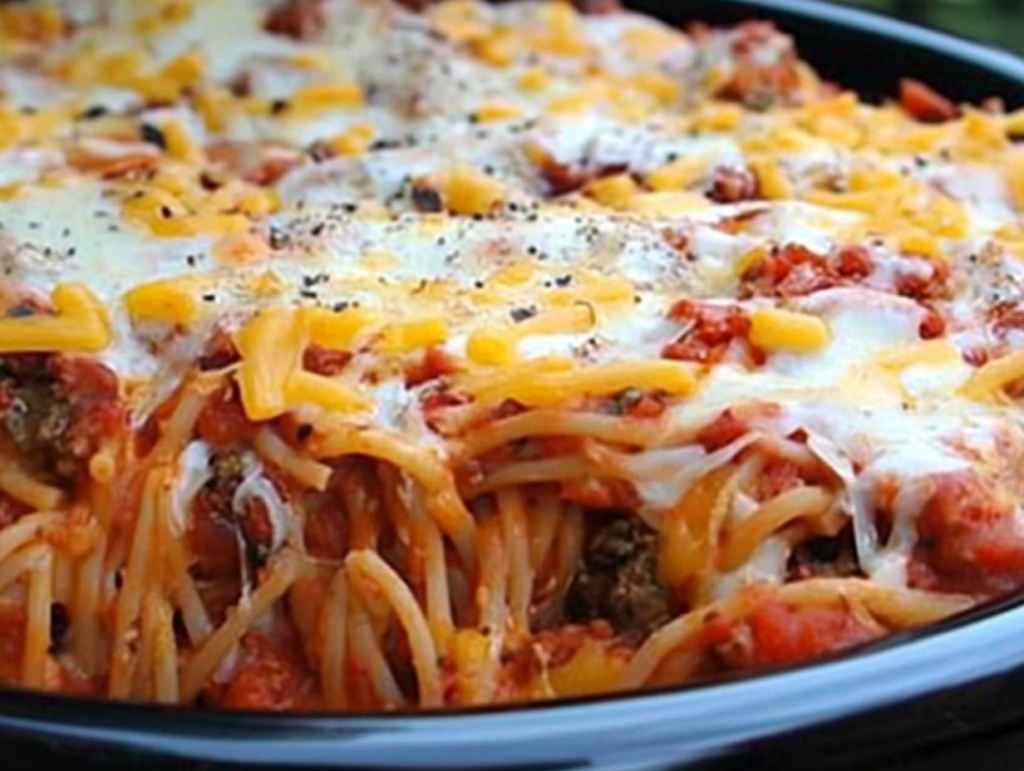 Delicious Crockpot Baked Spaghetti with gooey melted cheese and rich marinara sauce, slow-cooked to perfection for an easy and flavorful meal.3