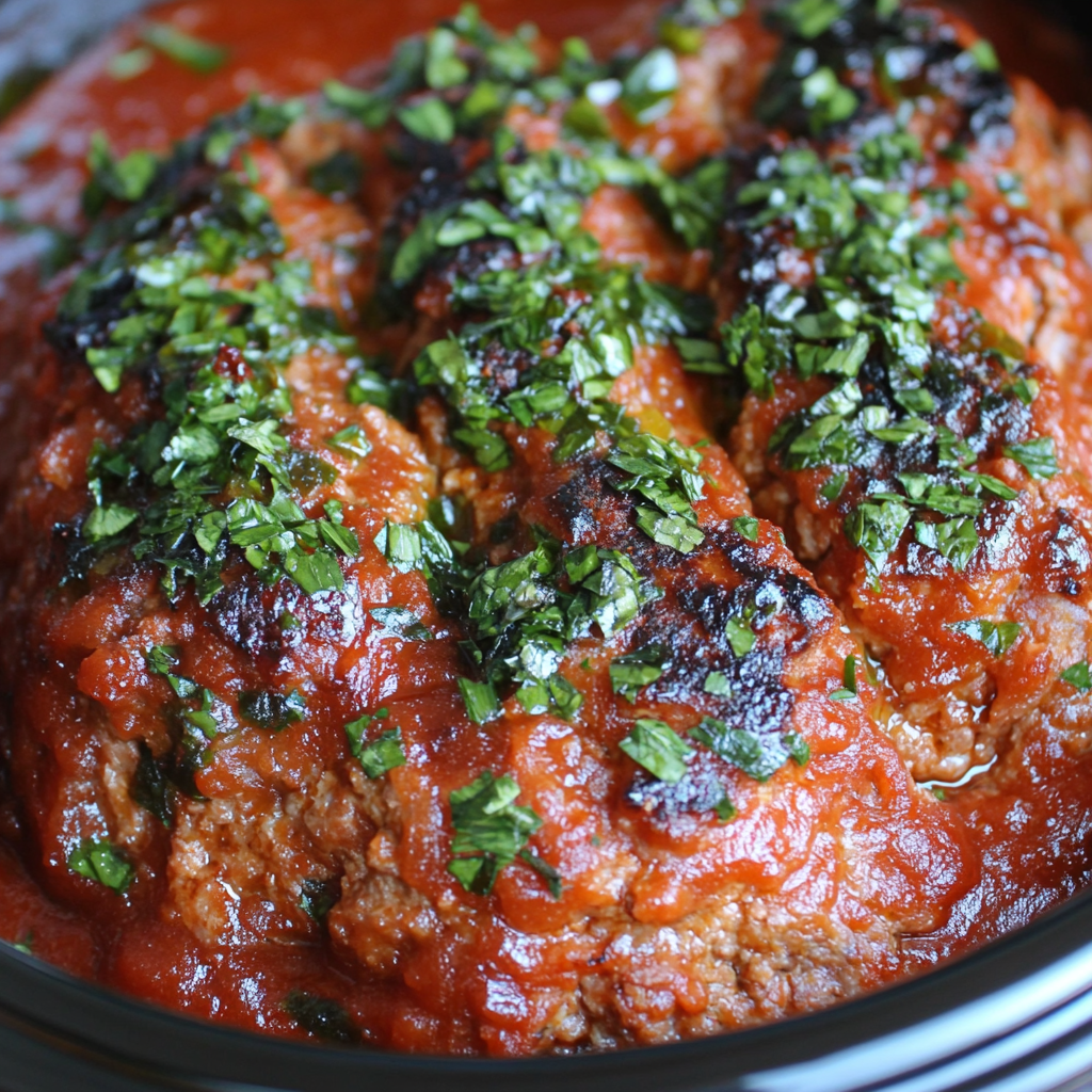 Juicy crockpot meatloaf with a rich glaze, served on a plate with mashed potatoes and roasted vegetables.2