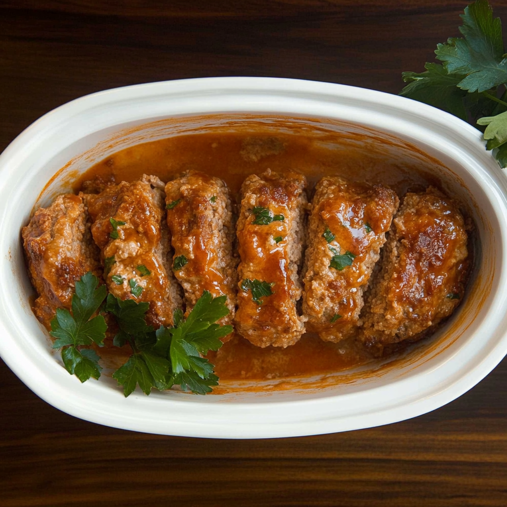 Juicy crockpot meatloaf with a rich glaze, served on a plate with mashed potatoes and roasted vegetables.3