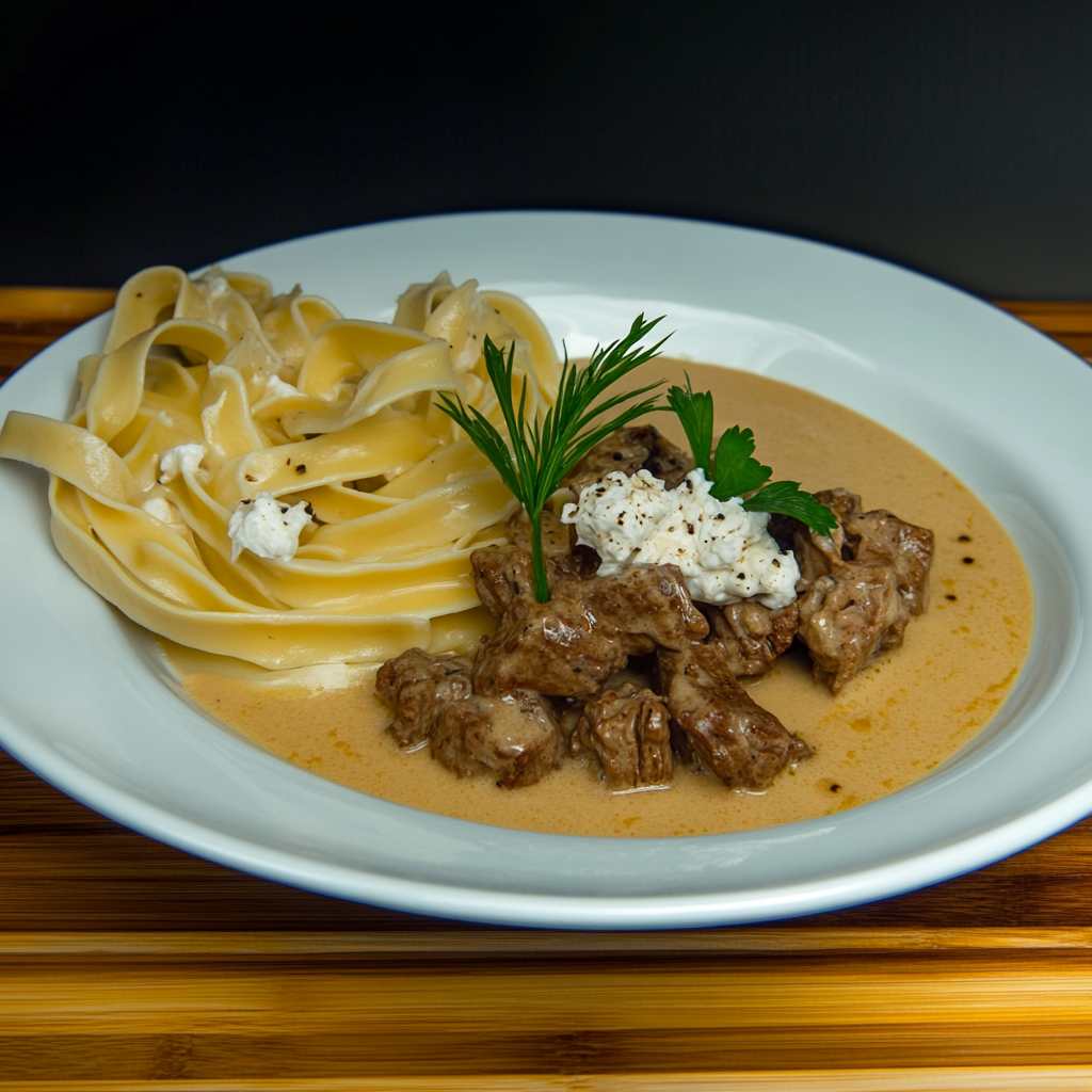 Plated fillet of beef Stroganoff with creamy sauce and herbs, served over egg noodles4